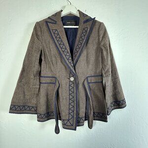 BCBG MAXAZRIA Linen Blend Jacket Womens XS Brown Blue Blazer Button Tie Front